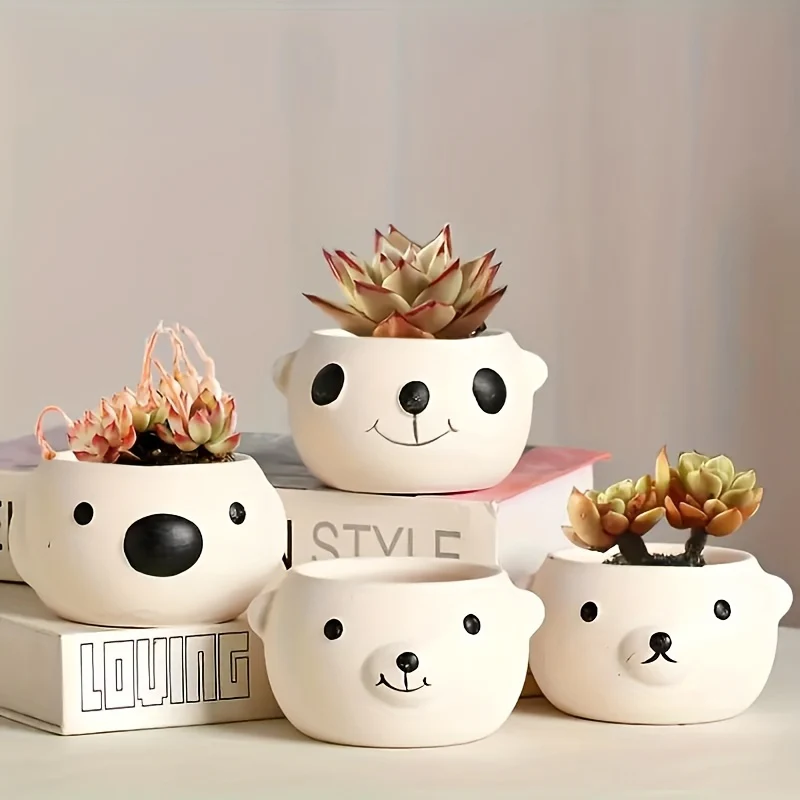4 Cute Animal Ceramic Flowerpots with Drainage Holes - Retro Cartoon Bear Succulent Plants, Indoor And Outdoor Home Desktop Decorations, Smooth Design